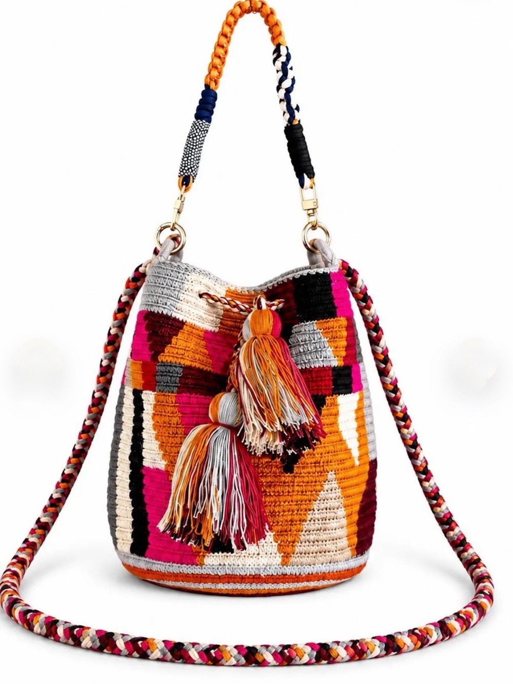 NWT Boho Handmade Crochet Sling Bag with Tassels - Multicolor
